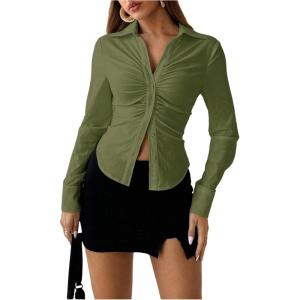 imageSOLY HUX Womens Button Down Ruched Blouse Long Sleeve Shirts Slim Fit Aesthetic TopsArmy Green