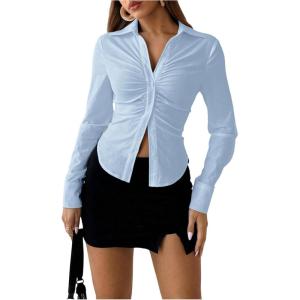 imageSOLY HUX Womens Button Down Ruched Blouse Long Sleeve Shirts Slim Fit Aesthetic TopsLight Blue