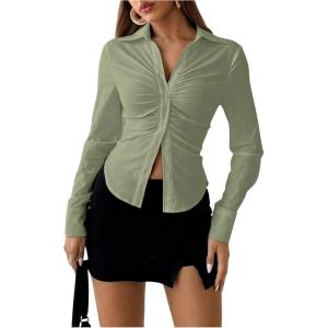 imageSOLY HUX Womens Button Down Ruched Blouse Long Sleeve Shirts Slim Fit Aesthetic TopsMint Green