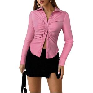 imageSOLY HUX Womens Button Down Ruched Blouse Long Sleeve Shirts Slim Fit Aesthetic TopsPure Pink