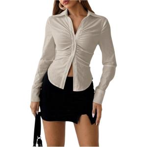 imageSOLY HUX Womens Button Down Ruched Blouse Long Sleeve Shirts Slim Fit Aesthetic TopsSolid Apricot