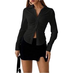 imageSOLY HUX Womens Button Down Ruched Blouse Long Sleeve Shirts Slim Fit Aesthetic TopsSolid Black