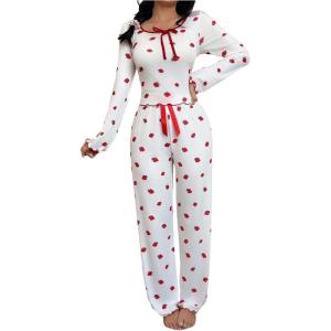 imageSOLY HUX Womens Cute Print Pajamas 2 Piece Bowknot Long Sleeve Top and Pants Sleepwear Pjs SetsWhite Strawberry