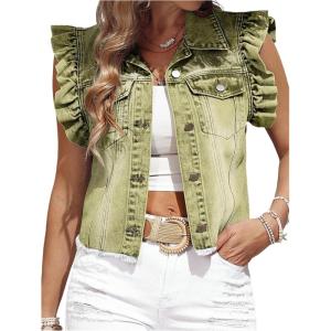 imageSOLY HUX Womens Denim Jacket Ruffle Cap Sleeve Button Down Trendy Crop Jean Jackets CoatPlain Green