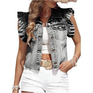 imageSOLY HUX Womens Denim Jacket Ruffle Cap Sleeve Button Down Trendy Crop Jean Jackets CoatPlain Light Grey