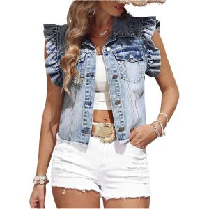 imageSOLY HUX Womens Denim Jacket Ruffle Cap Sleeve Button Down Trendy Crop Jean Jackets CoatPure Blue