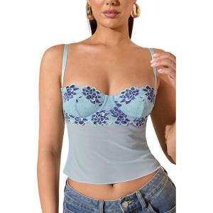imageSOLY HUX Womens Floral Lace Trim Camisole Spaghetti Strap Fitted Shirt Top Summer Crop Cami TopsBlue Floral