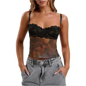 imageSOLY HUX Womens Floral Lace Trim Camisole Spaghetti Strap Fitted Shirt Top Summer Crop Cami TopsBrown Multi