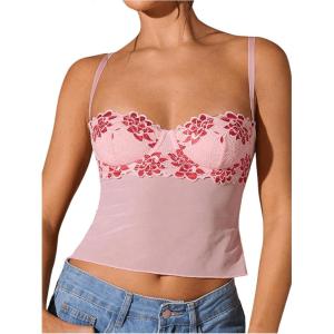 imageSOLY HUX Womens Floral Lace Trim Camisole Spaghetti Strap Fitted Shirt Top Summer Crop Cami TopsPink Floral