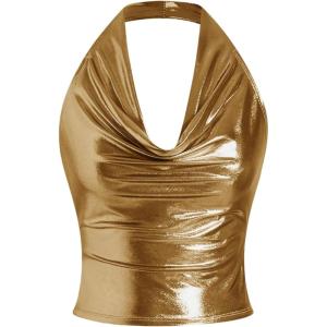 imageSOLY HUX Womens Halter Crop Tops Y2k Metallic Cowl Neck Open Back Concert Going Out Top StreetwearPure Gold