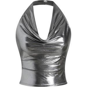 imageSOLY HUX Womens Halter Crop Tops Y2k Metallic Cowl Neck Open Back Concert Going Out Top StreetwearPure Silver