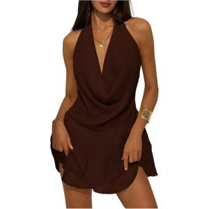 imageSOLY HUX Womens Halter Mini Dress Deep V Neck Draped Ruffle Hem Backless Sleeveless Party DressesPlain Brown