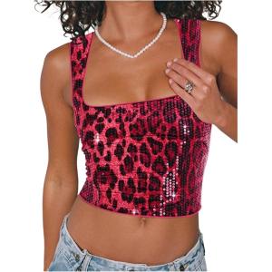 imageSOLY HUX Womens Leopard Sequin Tank Top Square Neck Sleeveless Y2k Cheetah Print Crop TopsRed Leopard