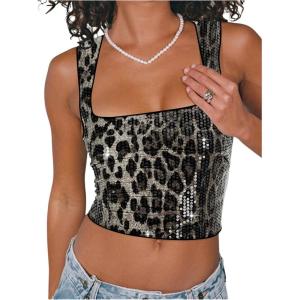 imageSOLY HUX Womens Leopard Sequin Tank Top Square Neck Sleeveless Y2k Cheetah Print Crop TopsWhite Leopard