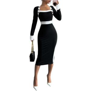 imageSOLY HUX Womens Long Sleeve Square Neck Bodycon Elegant Midi Dress Pencil Cocktail Party DressesBlack and White