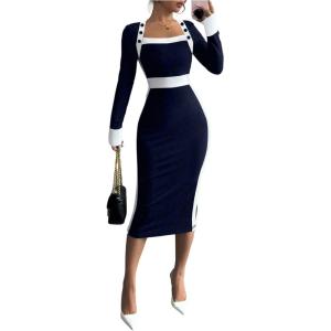 imageSOLY HUX Womens Long Sleeve Square Neck Bodycon Elegant Midi Dress Pencil Cocktail Party DressesDark Blue and White