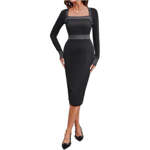 imageSOLY HUX Womens Long Sleeve Square Neck Bodycon Elegant Midi Dress Pencil Cocktail Party DressesGrey and White