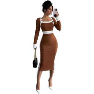 imageSOLY HUX Womens Long Sleeve Square Neck Bodycon Elegant Midi Dress Pencil Cocktail Party DressesKhaki and White