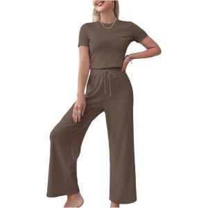 imageSOLY HUX Womens Lounge Set Short Sleeve Crop Top and Wide Leg Pants Pajamas 2 Piece SleepwearChocolate Brown