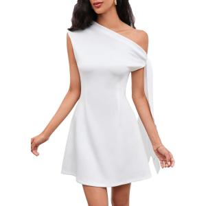 imageSOLY HUX Womens Mini Dress Off The Shoulder Sleeveless Tie Shoulder A Line Flared Party DressesPlain White