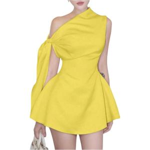 imageSOLY HUX Womens Mini Dress Off The Shoulder Sleeveless Tie Shoulder A Line Flared Party DressesSolid Yellow