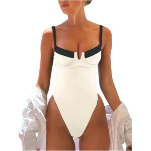 imageSOLY HUX Womens One Piece Bathing Suits High Cut Swimwear Push Up Bathing Suits Beach Vacation ClothesWhite Multi