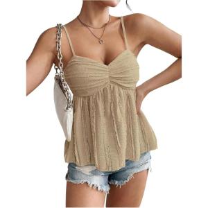 imageSOLY HUX Womens Peplum Crop Tops Y2K Cute Babydoll Tops Lace Ruched Dressy Casual Spaghetti Strap Going Out CamisolePure Khaki