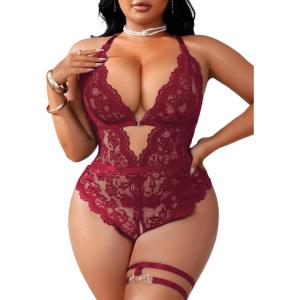 imageSOLY HUX Womens Plus Size Lace Lingerie Set Deep V Neck Teddy Bodysuit Babydoll Nightwear with Leg RingPure Burgundy