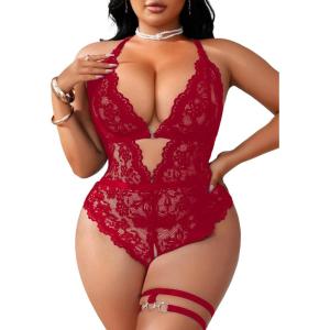 imageSOLY HUX Womens Plus Size Lace Lingerie Set Deep V Neck Teddy Bodysuit Babydoll Nightwear with Leg RingPure Red