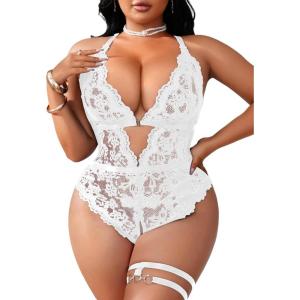 imageSOLY HUX Womens Plus Size Lace Lingerie Set Deep V Neck Teddy Bodysuit Babydoll Nightwear with Leg RingPure White