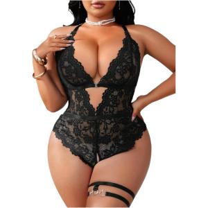 imageSOLY HUX Womens Plus Size Lace Lingerie Set Deep V Neck Teddy Bodysuit Babydoll Nightwear with Leg RingSolid Black