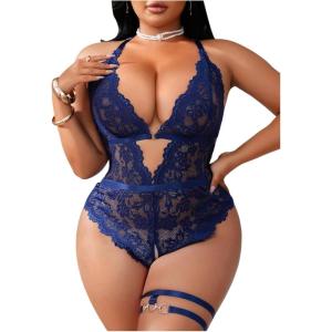 imageSOLY HUX Womens Plus Size Lace Lingerie Set Deep V Neck Teddy Bodysuit Babydoll Nightwear with Leg RingSolid Blue