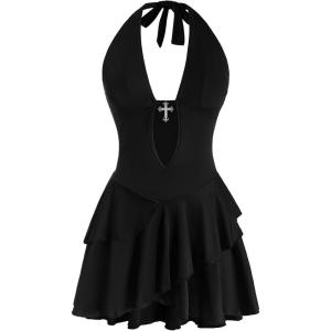 imageSOLY HUX Womens Plus Size Leopard Print Halter Dress Y2k Gothic Deep V Cheetah Tie Backless Layered Ruffle Mini DressesBlack