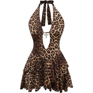 imageSOLY HUX Womens Plus Size Leopard Print Halter Dress Y2k Gothic Deep V Cheetah Tie Backless Layered Ruffle Mini DressesBrown Leopard