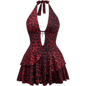 imageSOLY HUX Womens Plus Size Leopard Print Halter Dress Y2k Gothic Deep V Cheetah Tie Backless Layered Ruffle Mini DressesBurgundy Leopard