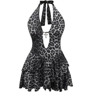 imageSOLY HUX Womens Plus Size Leopard Print Halter Dress Y2k Gothic Deep V Cheetah Tie Backless Layered Ruffle Mini DressesGrey Leopard