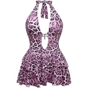imageSOLY HUX Womens Plus Size Leopard Print Halter Dress Y2k Gothic Deep V Cheetah Tie Backless Layered Ruffle Mini DressesPink Leopard