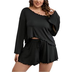 imageSOLY HUX Womens Plus Size Pajama Set Lettuce Trim Long Sleeve Sleepwear T Shirt Tops and Shorts LoungewearPlain Black