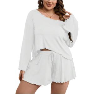 imageSOLY HUX Womens Plus Size Pajama Set Lettuce Trim Long Sleeve Sleepwear T Shirt Tops and Shorts LoungewearSolid White