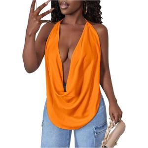 imageSOLY HUX Womens Sexy Cowl Neck Tops Deep V Neck Draped Halter Tie Back Y2K Going Out Cami TopsPlain Orange
