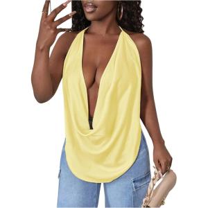imageSOLY HUX Womens Sexy Cowl Neck Tops Deep V Neck Draped Halter Tie Back Y2K Going Out Cami TopsPlain Yellow