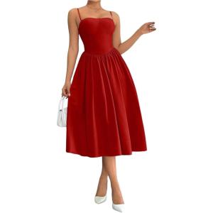 imageSOLY HUX Womens Sleeveless Midi Corset Dress Flared A Line Flowy Party Cami DressesPlain Red