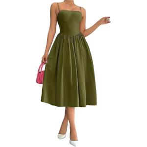 imageSOLY HUX Womens Sleeveless Midi Corset Dress Flared A Line Flowy Party Cami DressesPure Army Green