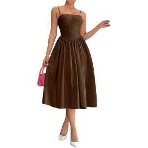 imageSOLY HUX Womens Sleeveless Midi Corset Dress Flared A Line Flowy Party Cami DressesPure Coffee Brown