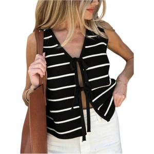 imageSOLY HUX Womens Sleeveless Striped Sweater Vest V Neck Tie Bow Crochet Knit Tank Tops Casual Loose CardiganBlack Striped