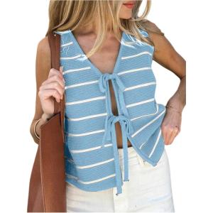 imageSOLY HUX Womens Sleeveless Striped Sweater Vest V Neck Tie Bow Crochet Knit Tank Tops Casual Loose CardiganBlue Striped