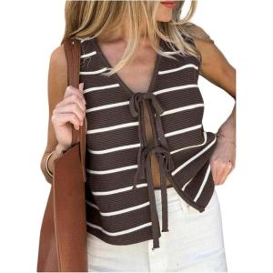 imageSOLY HUX Womens Sleeveless Striped Sweater Vest V Neck Tie Bow Crochet Knit Tank Tops Casual Loose CardiganBrown Striped