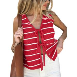 imageSOLY HUX Womens Sleeveless Striped Sweater Vest V Neck Tie Bow Crochet Knit Tank Tops Casual Loose CardiganBurgundy Striped
