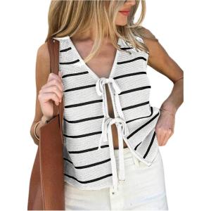imageSOLY HUX Womens Sleeveless Striped Sweater Vest V Neck Tie Bow Crochet Knit Tank Tops Casual Loose CardiganWhite Striped