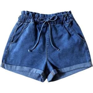 imageSOLY HUX Womens Summer Denim Shorts Drawstring Elastic Waist Straight Leg Jeans with PocketsDark Wash